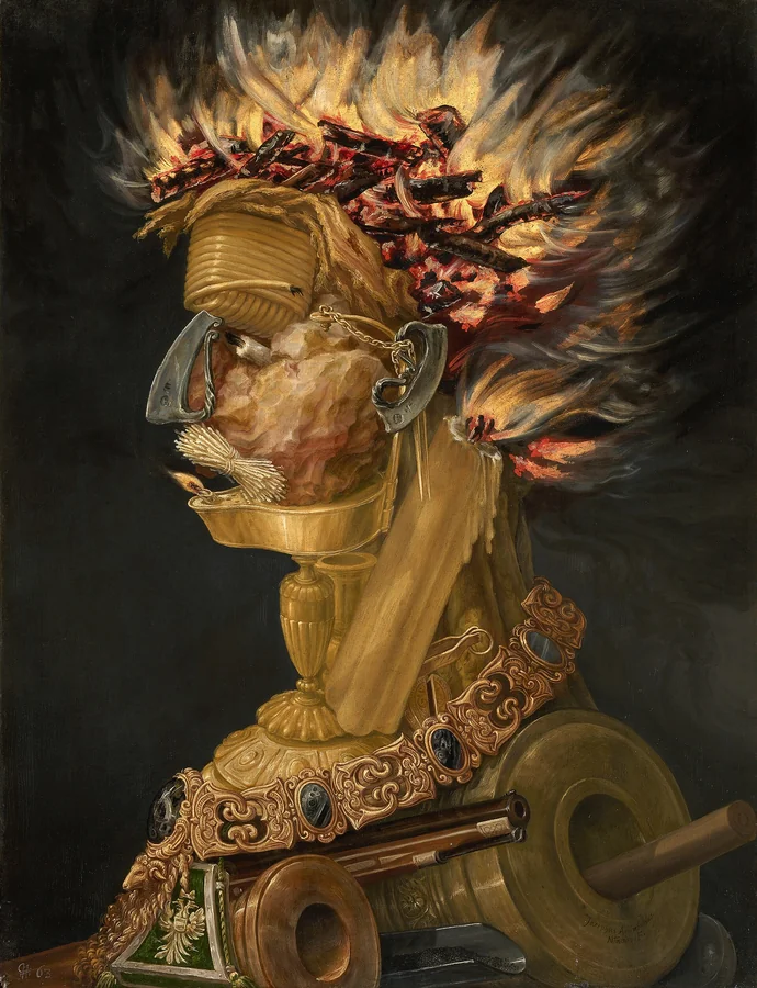 Fire — The Four Elements — Fire-making tools assemble into a human profile.
