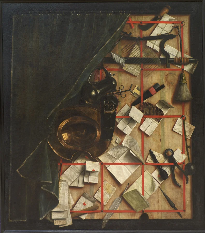 Letter Rack with Barber-Surgeon’s Instruments — Letters and instruments seem to hang in front of the painted surface.