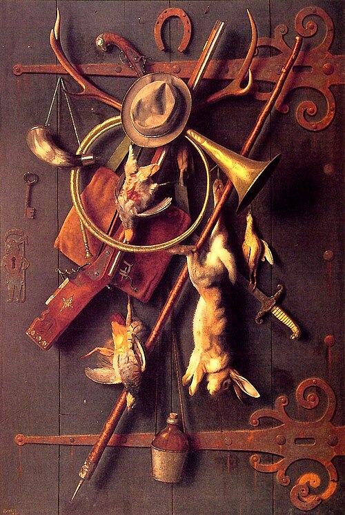 After the Hunt — Hunting equipment and game appear to hang against a real door.