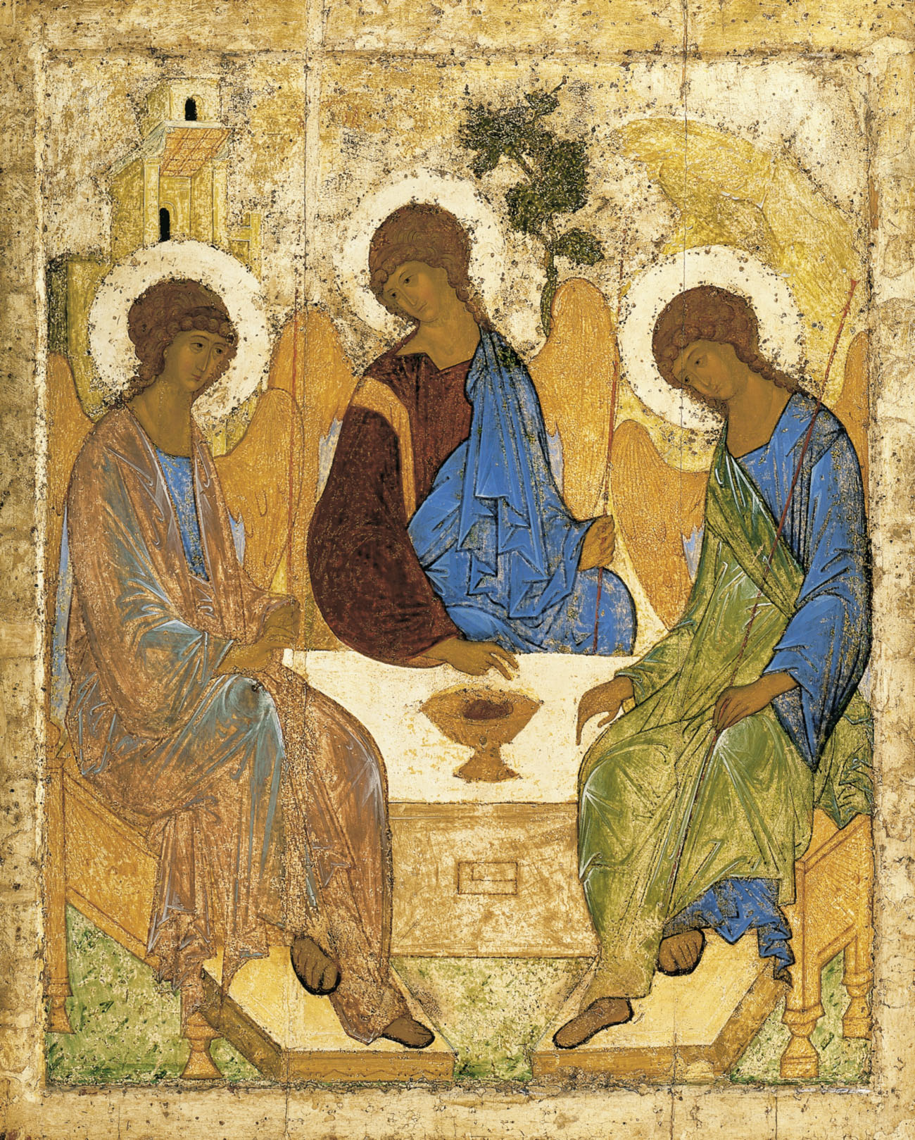 Andrei Rublev’s The Trinity: three seated angels around a pale table, with obliquely drawn seats and footstools opening across the foreground.