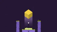 Gomez on a purple tower beneath a floating gold cube.