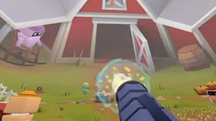 A cartoon courtyard that bends with curved-space geometry.
