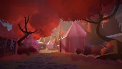 A red-lit garden with a model building and dramatic changes of scale.