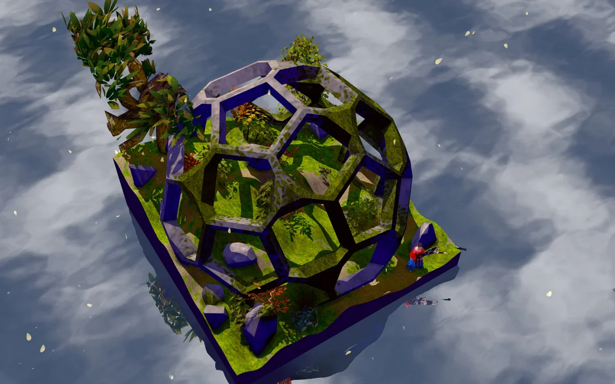 Floating geometric islands above the clouds in Miegakure.