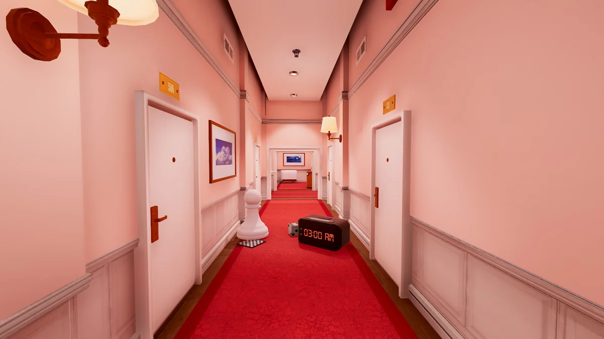 An oversized red object in a narrow dreamlike corridor.