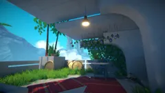 A lush architectural courtyard with contrasting shadows in Viewfinder.