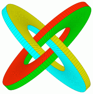 Three coloured, intersecting rings in an animation of ambiguous depth and surface connections.
