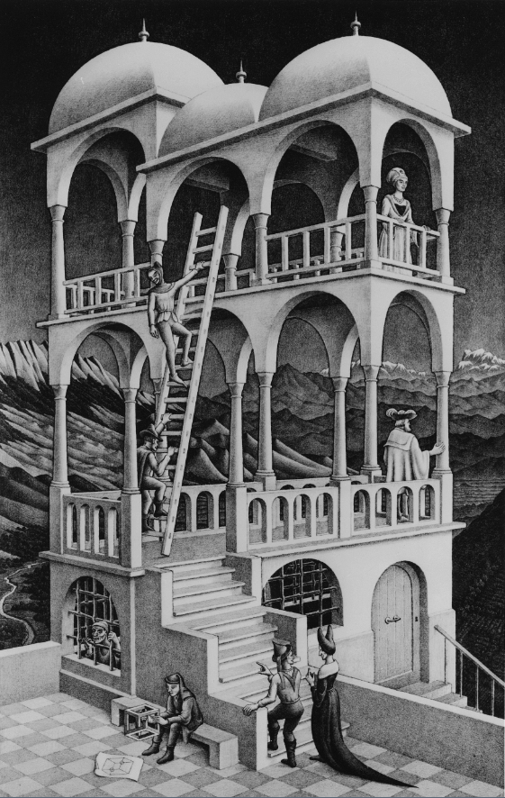 Escher’s Belvedere: people occupy a pavilion whose columns connect incompatible upper and lower levels.