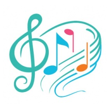 A turquoise treble clef and coloured musical notes illustrating an auditory stimulus.