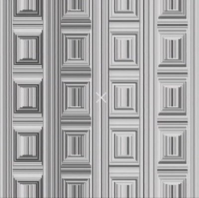 A grey pattern of rectangular panels with vertical striped gaps that conceal circular forms in the Coffer illusion.