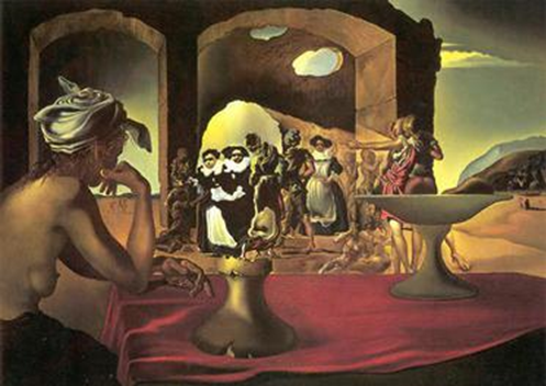 Dalí’s Disappearing Bust of Voltaire: figures in an archway also form the face of a bust in the foreground.