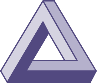 A shaded purple Penrose triangle with three beams apparently joined into an impossible loop.