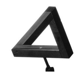 A black triangular sculpture photographed from a viewpoint that makes its three beams appear joined.