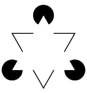 Three wedge-shaped discs and open angles imply a white triangle in the Kanizsa illusion.