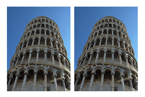 Two copies of a photograph of the Leaning Tower of Pisa placed side by side.