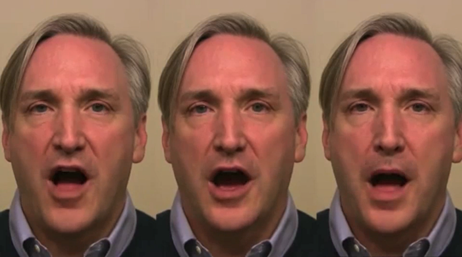 Three frames of a man articulating speech, illustrating visual mouth movements used in the McGurk effect.
