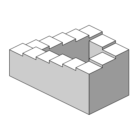 A square loop of steps that appears to rise continuously in the Penrose stairs illusion.