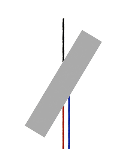 A vertical black line interrupted by a slanted grey rectangle, with coloured continuation lines below it.
