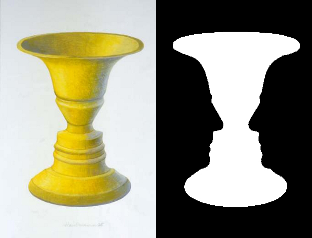 A photograph of a yellow goblet beside a black-and-white figure that can be seen as a vase or two facing profiles.