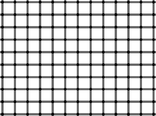 Black dots sit at intersections of a dark grid on white in a reversed scintillating grid.