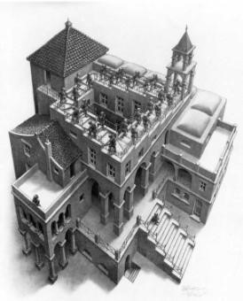 Escher’s Ascending and Descending, an architectural analogy for a continuously rising Shepard scale.