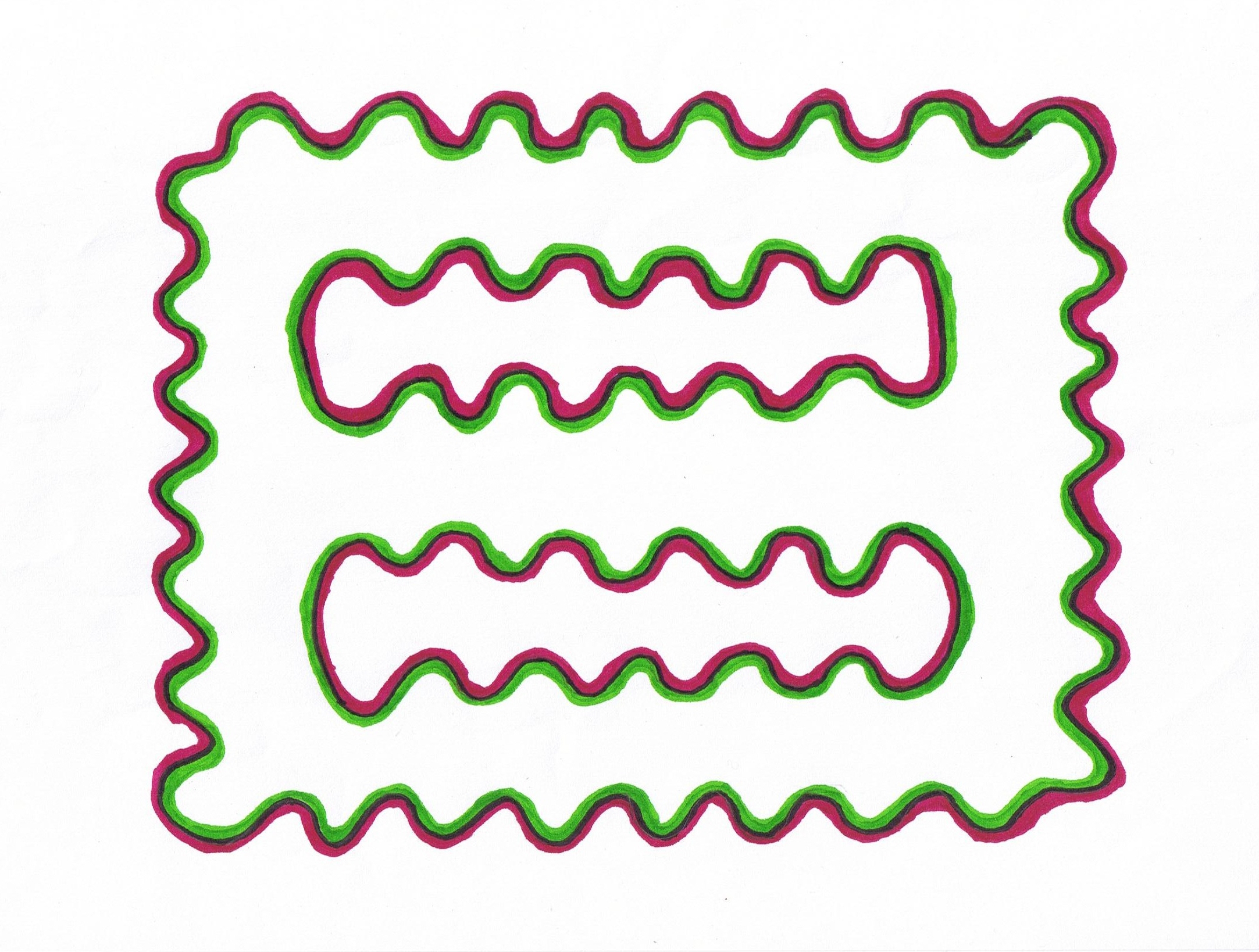 A green-and-magenta wavy outline encloses a winding shape for a colour-spreading comparison.