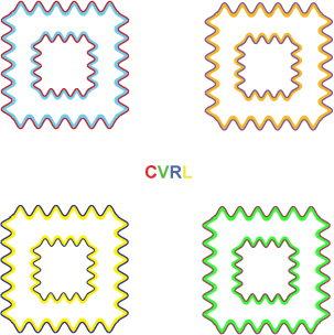 Four wavy square frames in different colour combinations compare the watercolour effect.