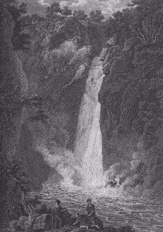 A black-and-white photograph of a waterfall for viewing after motion adaptation.