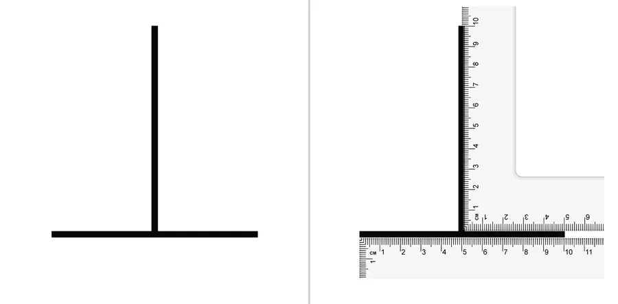 An upright line meeting the midpoint of an equal-length horizontal line.