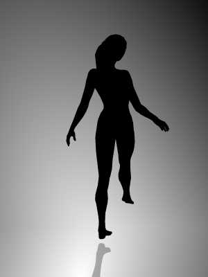 A rotating human silhouette extending a leg, with no surface shading to specify depth.