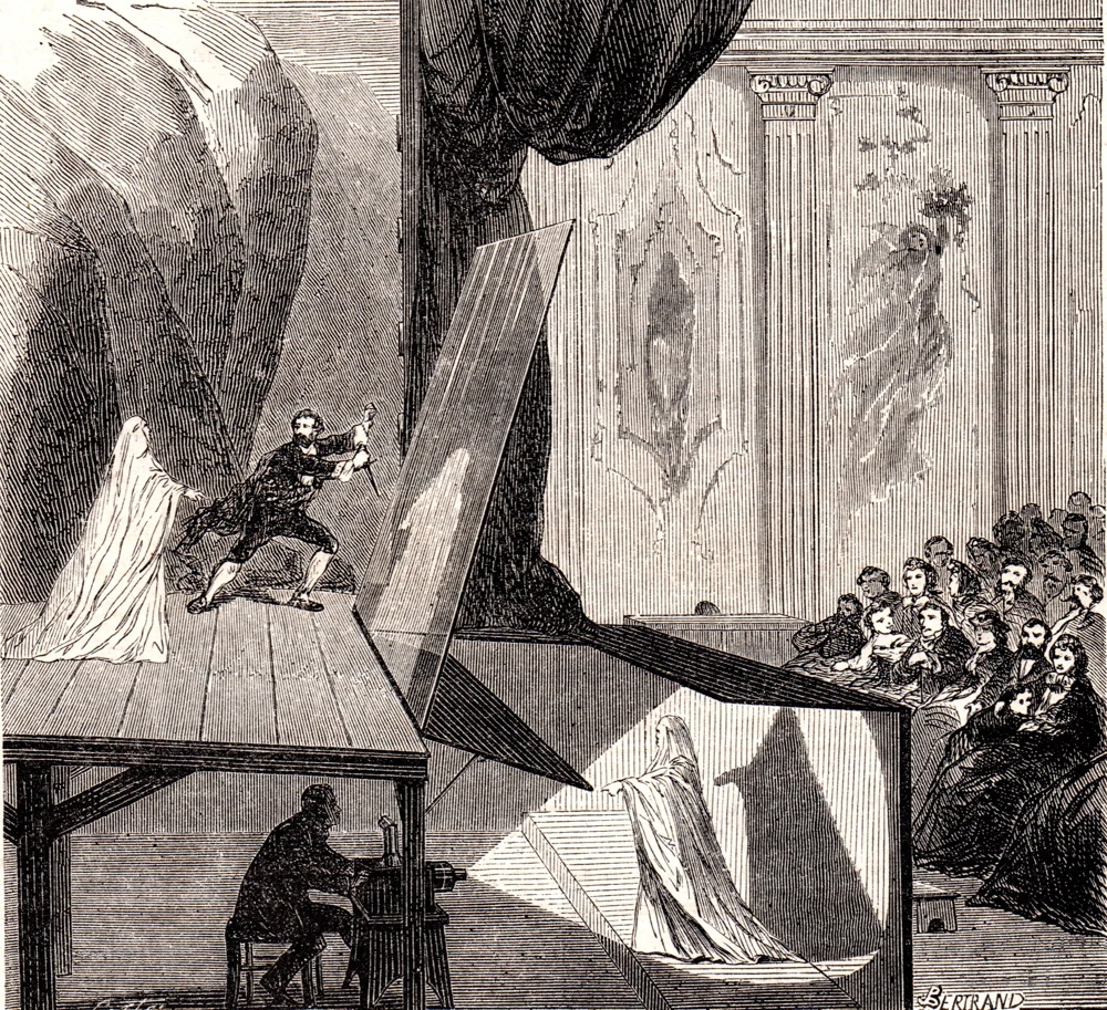 Bertrand’s 1865 engraving showing a Pepper’s Ghost stage, audience sight lines and the concealed illuminated figure beneath it.